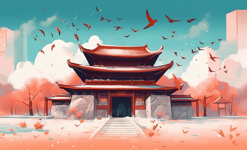 瑞雪小雪鸟群蓝天故宫宫殿国潮中国风祥云天空浪漫背景,插画/手绘图,插画/手绘图库,插画/手绘图下载,插画/手绘